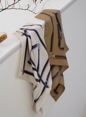 TOTE*美拉德色真丝小方巾白色扣带撞色图案桑蚕丝方形围巾丝巾