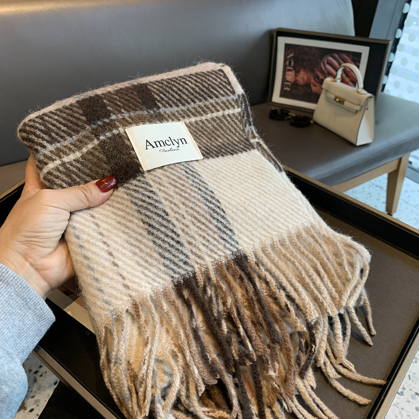 2025新款绵羊毛格纹围巾女冬季韩版百搭学院风保暖流苏披肩两用