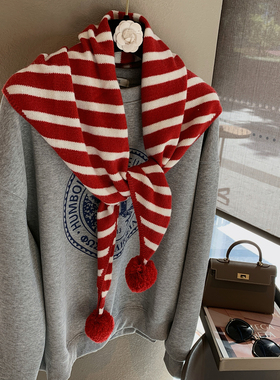 东大门可爱毛球条纹针织围巾女秋冬拼色条纹三角巾装饰保暖披肩