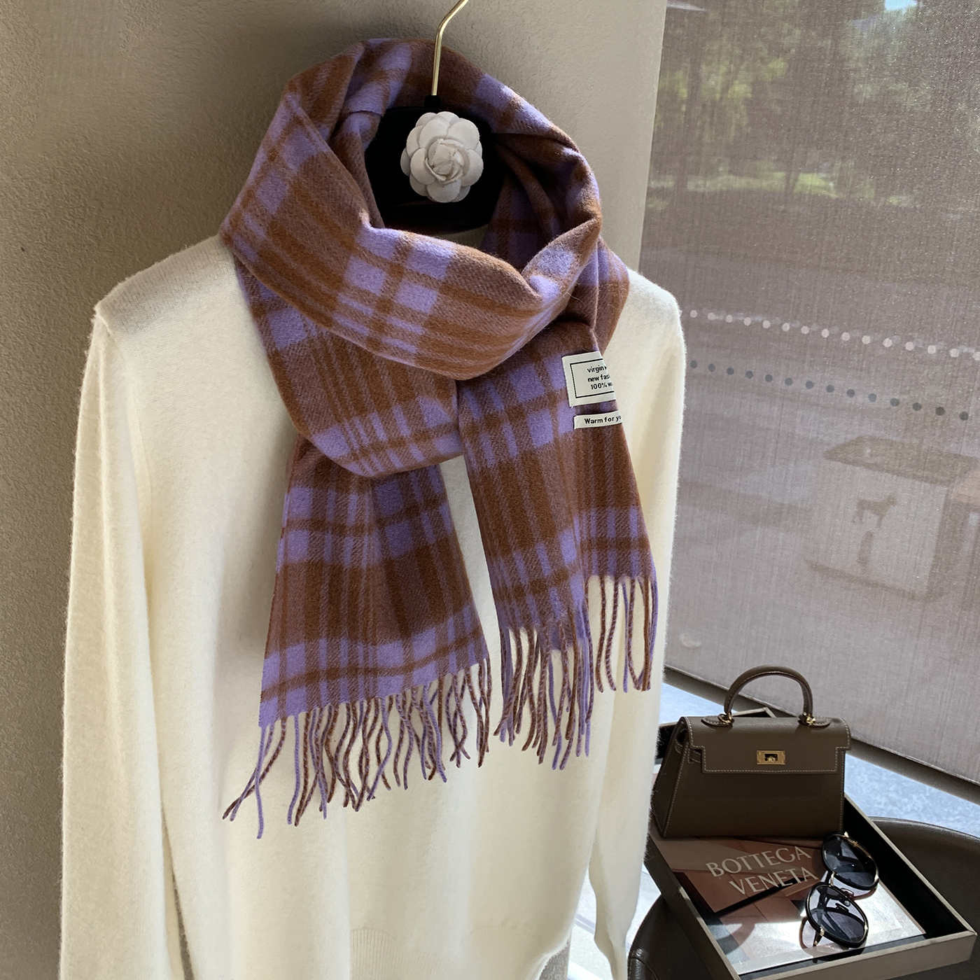 100%羊毛围巾女冬季百搭复古美拉德色系紫色格子披肩保暖流苏围脖