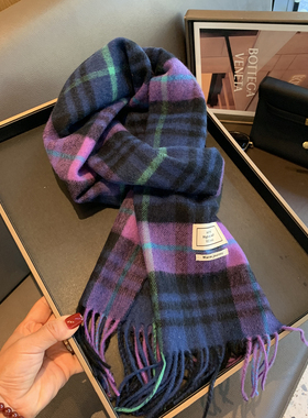2025冬季1OO%澳洲纯羊毛围巾女冬季格纹流苏窄版百搭保暖情侣围脖