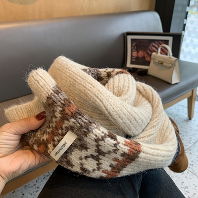 2025冬季费尔岛风针织围巾女冬季复古提花氛围感保暖百搭情侣围脖