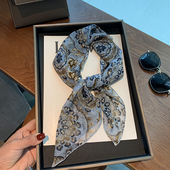 宝相花蓝色系轻薄真丝小方巾春夏桑蚕丝乔其纱围巾领巾女