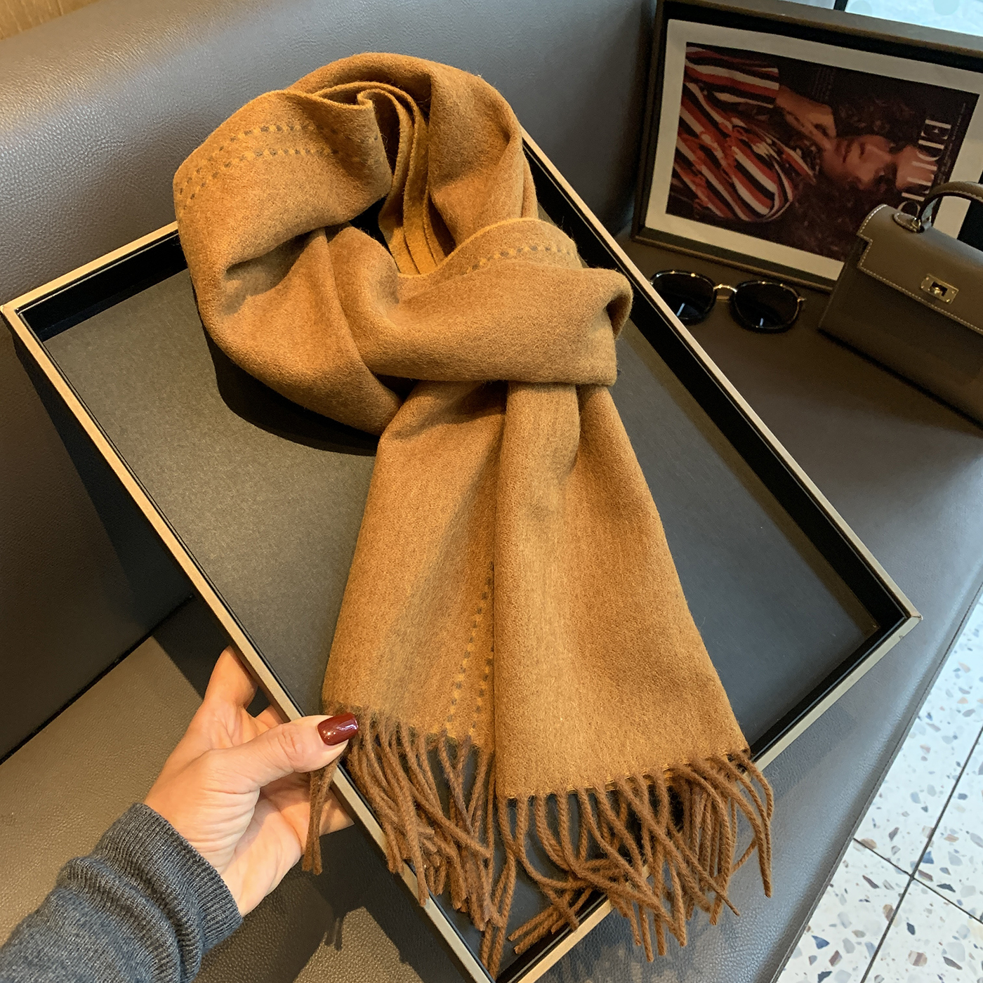 百搭100%WOOL纯羊毛围巾女纯色缝线设计双面羊毛披肩冬季保暖围脖