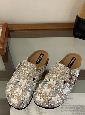闪闪包头半拖鞋女外穿夏季新款水钻花扣软底厚底一脚蹬勃肯凉拖鞋