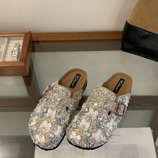 水钻花扣软底厚底一脚蹬勃肯凉拖鞋 秋季 新款 女外穿夏季 包头半拖鞋