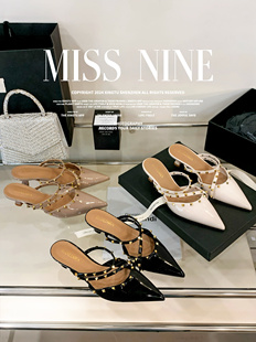 柳丁尖头凉拖鞋 外穿配裙时尚 粗跟 女包头半拖鞋 2025年新铆钉高跟鞋