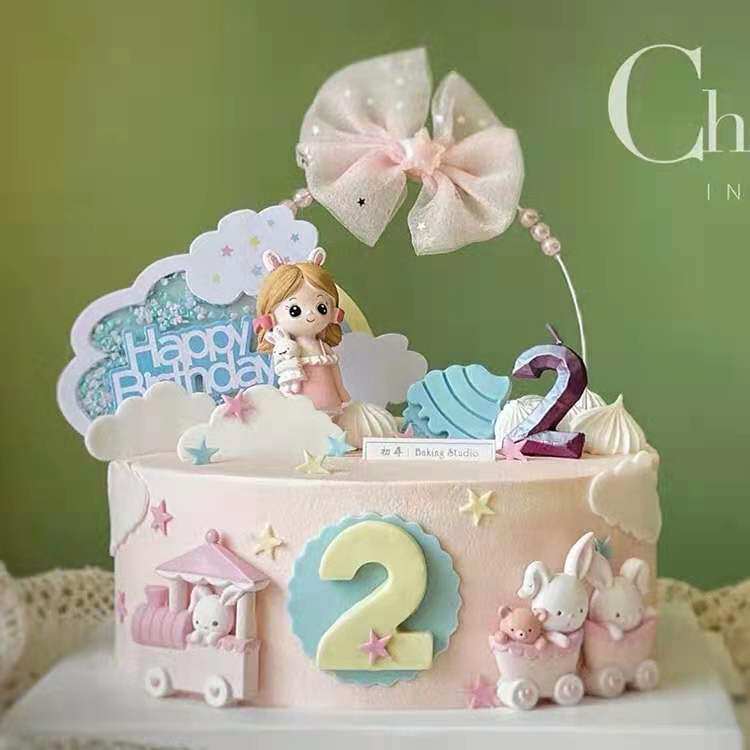 薇拉公主威廉王子生日蛋糕摆件创意闪片粉蓝紫彩虹hb数字蛋糕插牌