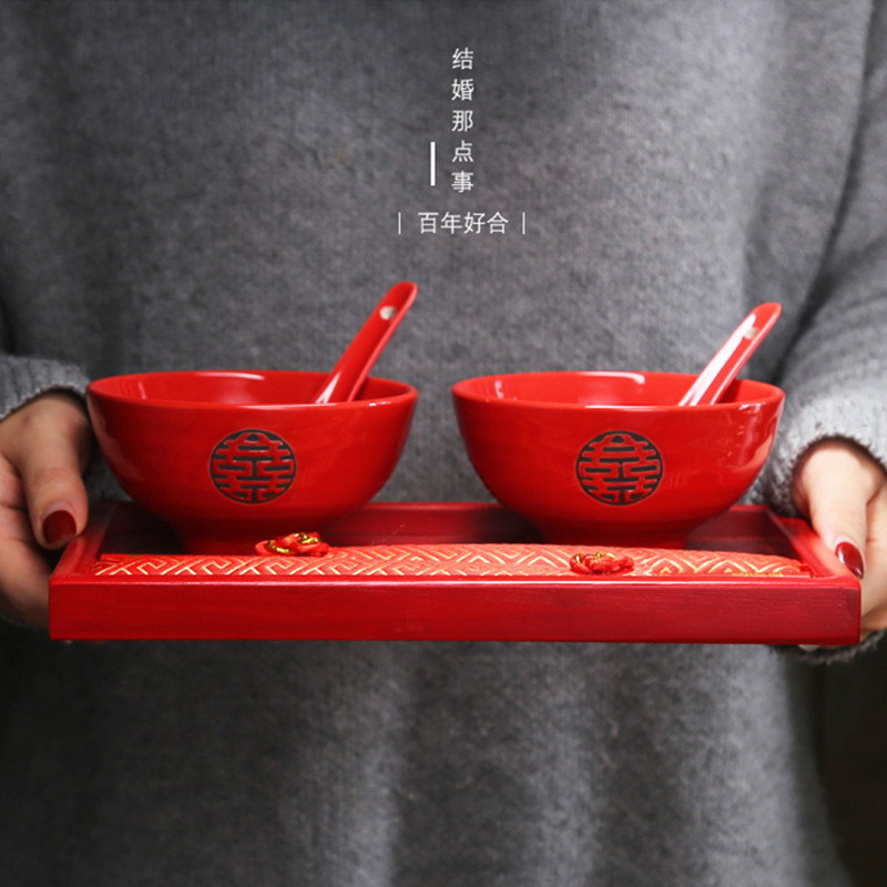 中国风网红色婚庆陶瓷10碗筷勺套装礼盒结婚餐具饭碗陪嫁用品回礼