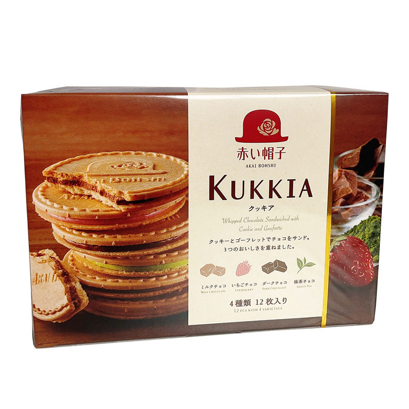 日本进口阡朋红帽子抹茶草莓巧克力什锦薄脆夹心饼干4种类12枚入