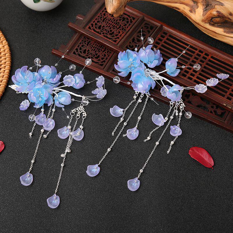 汉服紫烟仙气发夹琉璃簪花昙花梦幻手工流苏发钗古风配饰女仙头饰