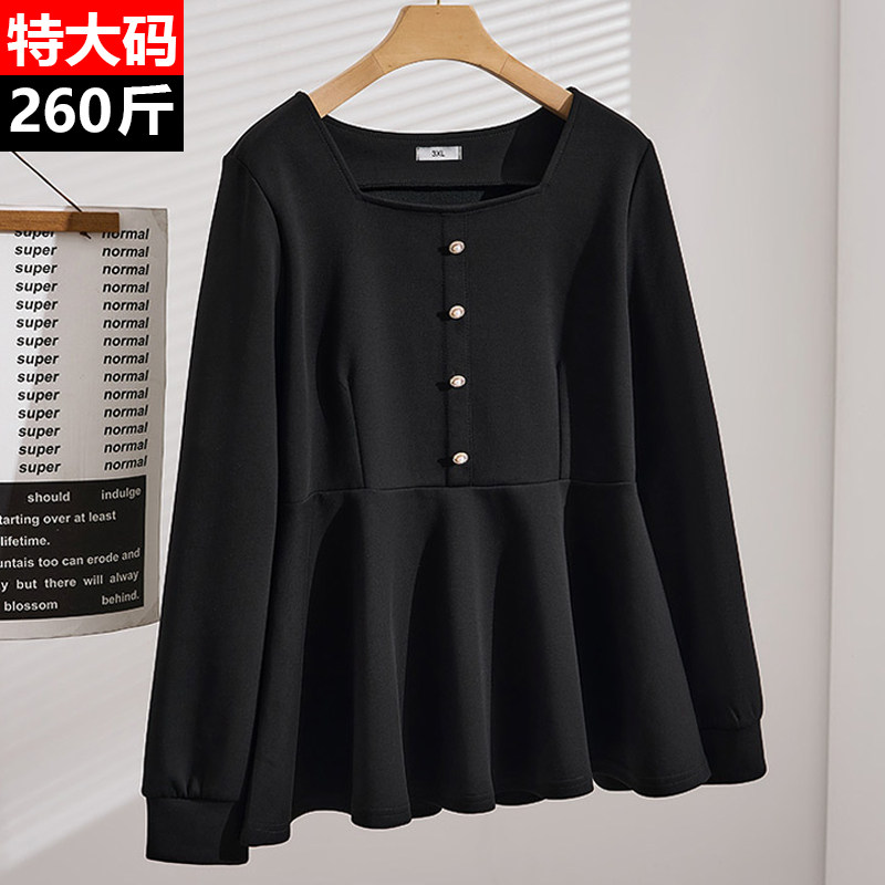 260斤特大码女装胖mm秋冬新款气质显瘦方领长袖卫衣遮肚子上衣潮