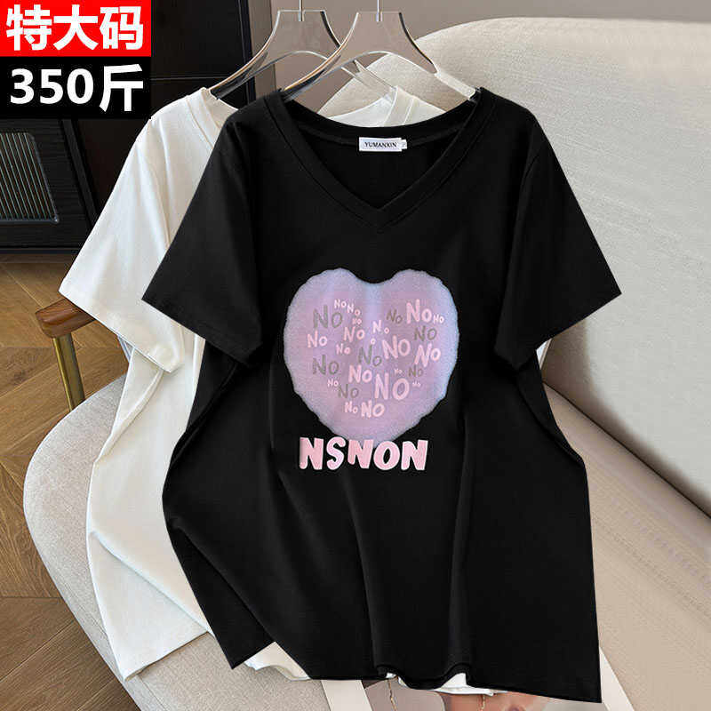 350斤胖女生休闲t恤夏季薄款宽松大码中长款v领印花短袖上衣mm200