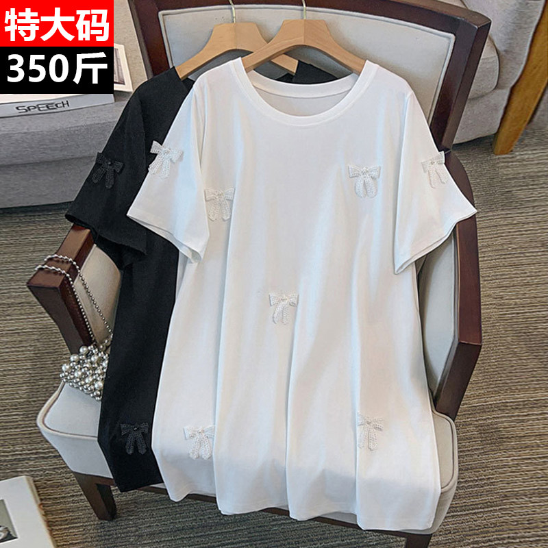 350斤特大码短袖t恤女蝴蝶结上衣