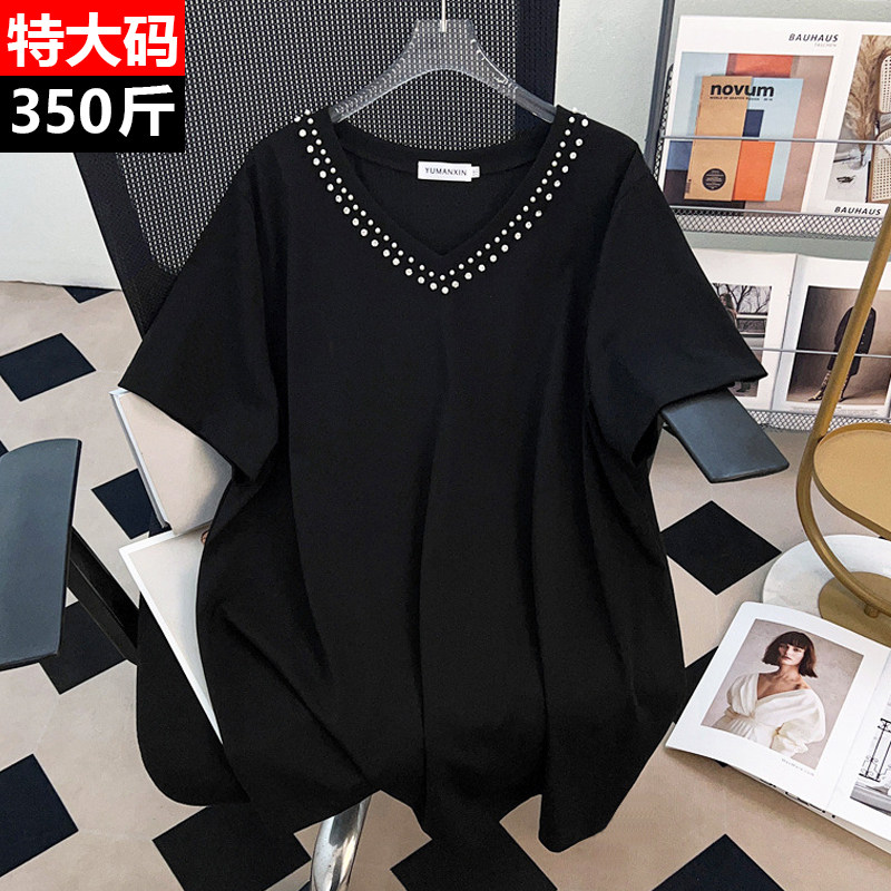 350斤特大码女装胸围170胖mm夏季休闲v领短袖t恤遮肚显瘦半袖上衣