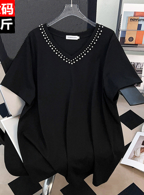 350斤特大码女装胸围170胖mm夏季休闲v领短袖t恤遮肚显瘦半袖上衣