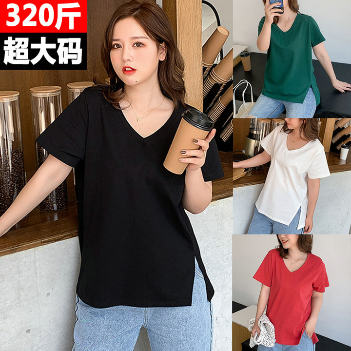 大码纯色V领短袖T恤女300斤胖mm