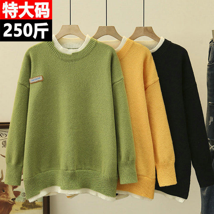 250斤超大码女装230假两件毛衣女胖mm冬季240厚款针织衫胖妹妹200