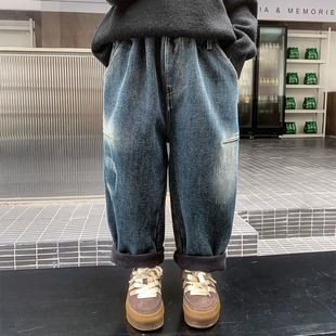 童话记忆中大童男童加绒牛仔裤儿童秋冬季加厚一体绒宝宝牛仔裤