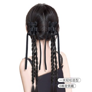 假发辫子女抓夹马尾ins风丝带双麻花辫发饰低扎新中式假发辫马尾