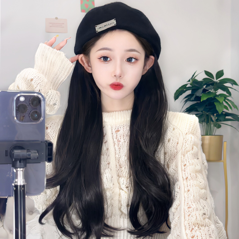 帽子假发一体时尚秋冬爆款假发女长发真发全真人发自然网红全头套