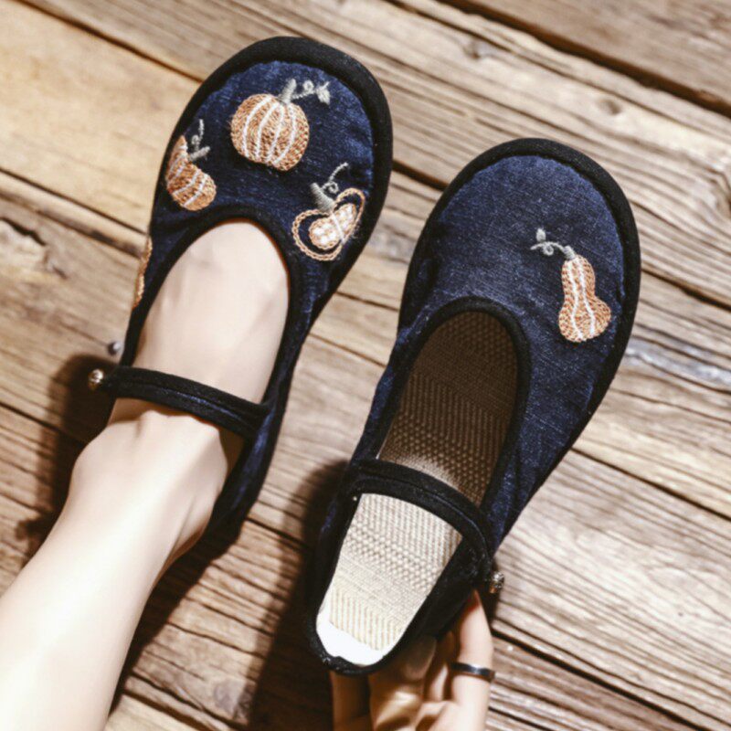 新款民族风绣花鞋左右脚ab版金丝南瓜图汉服鞋吃茶喝水浅口单鞋女