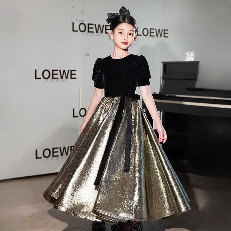 速卖通简约儿童钢琴演奏礼服2025秋冬新款跨境外贸女童表演公主裙
