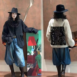 木易初见0424设计师款后刺绣复古文艺风宽松休闲百搭羊羔毛外套