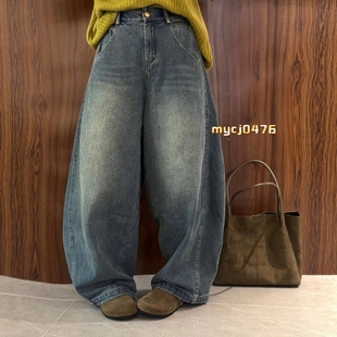 木易初见0476设计师款复古文艺风宽松显瘦休闲百搭阔腿磨毛牛仔裤