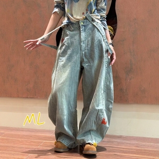 木易初见0325原创设计师款复古文艺风刺绣宽松显瘦阔腿背带牛仔裤