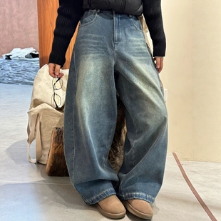 木易初见0525原创设计款师复古文艺风宽松百搭休闲阔腿加绒牛仔裤