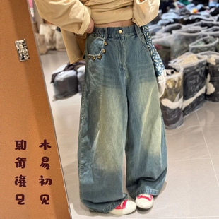 木易初见0420原创设计师款 口袋刺绣复古文艺风宽松显瘦阔腿牛仔裤