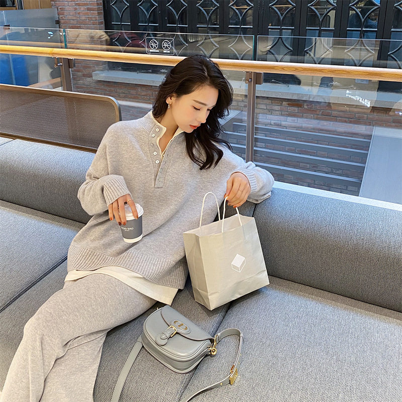 洋气减龄运动服套装2025春秋女装假两件针织毛衣阔腿裤休闲