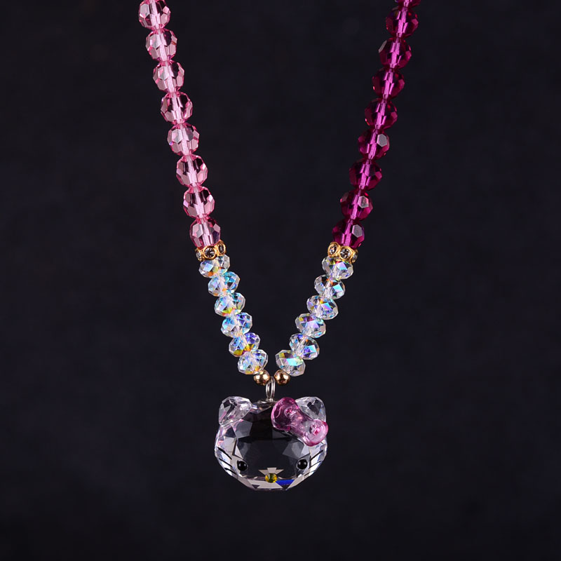 可爱猫头项链奥地利水晶多彩粉色项链儿童可爱甜美女闪亮通透学生