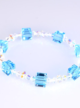 简练弹力方糖水晶手链奥地利进口施华元素2023年新款女蓝色手串