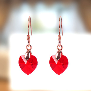 10MM精美小款爱心耳环奥地利水晶大红色玫瑰金色纯银体不过敏闪亮