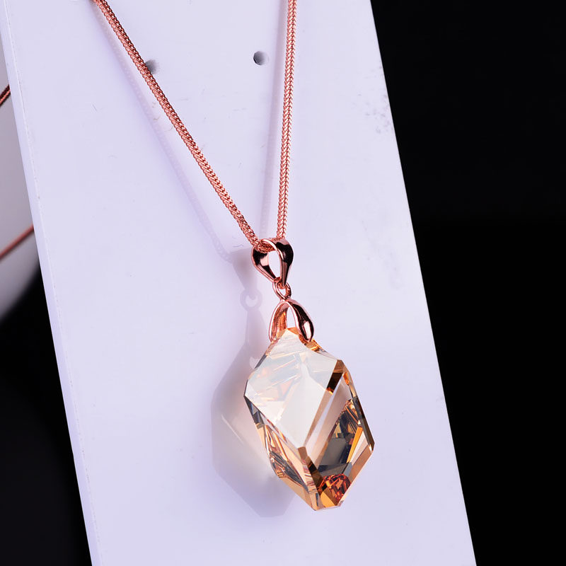 水立方玫瑰金色项链奥地利晶吊坠女时尚通透大气925纯银日韩简约