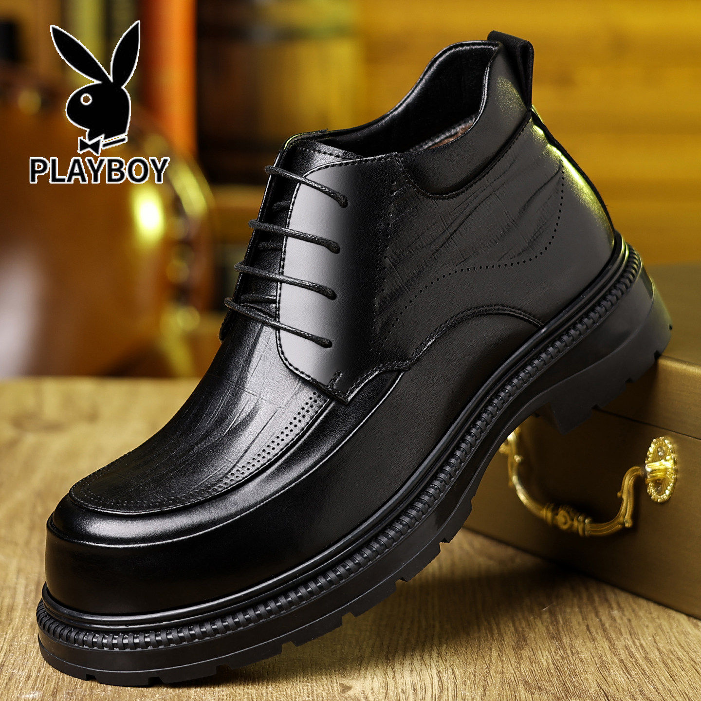 花花公子男鞋2025冬季加绒加厚保暖高帮皮鞋真皮商务休闲棉鞋