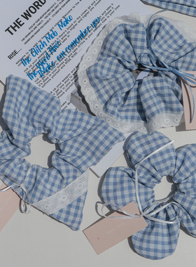 sweetshuo原创手工蓝色格子花朵发圈风车发绳蕾丝大肠马尾发饰