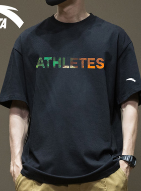 安踏短袖t恤男款夏季新款上衣宽松圆领大码休闲体恤衫黑色棉半袖