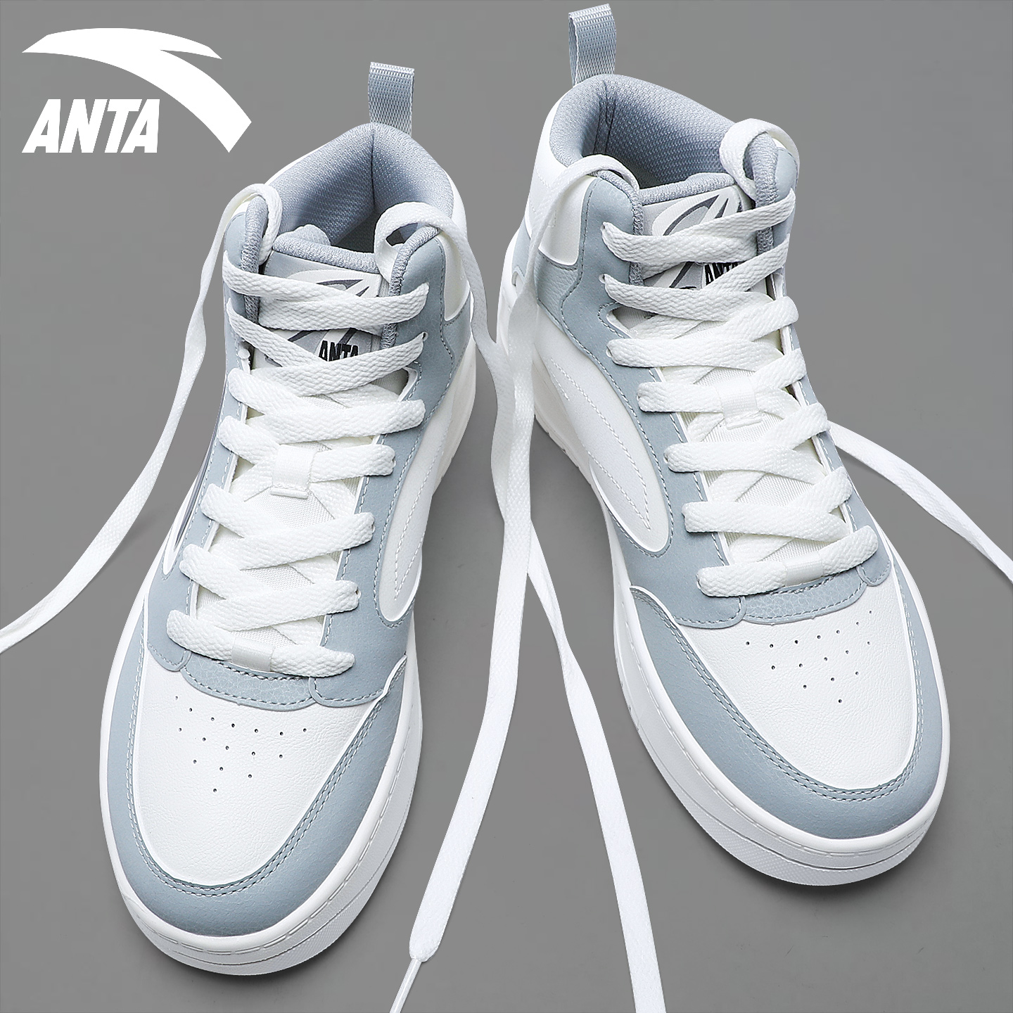 安踏板鞋高帮男鞋皮面厚底运动鞋