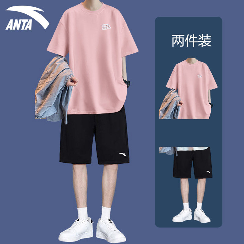 안타 여름 캐주얼 정장 남성 반팔 티셔츠 5점 반바지 학생 트렌드 매칭 투피스 운동복 세트