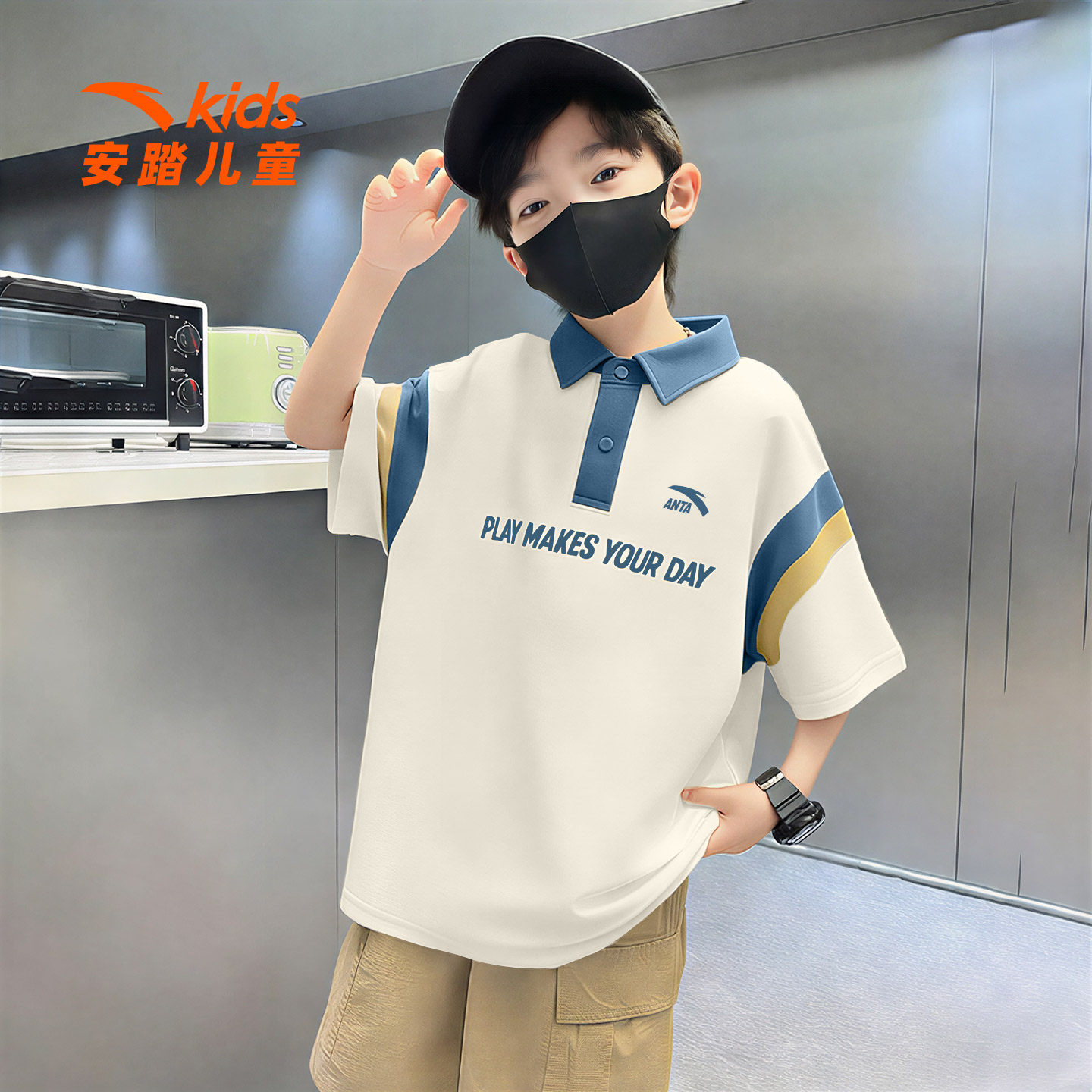 安踏儿童短袖POLO衫男大童2026夏季新款百搭休闲上衣撞色翻领半袖