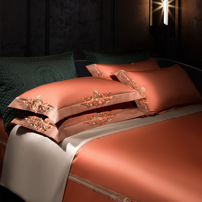 全棉四件套桔色140支埃及轻奢