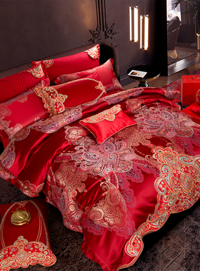 结婚四件套大红色新婚喜被婚礼真丝棉刺绣婚庆长绒棉婚嫁床上用品