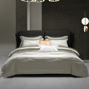 悠仙居家纺进口高端真丝棉四件套纯棉夏季 千里江山 床单被套床笠款