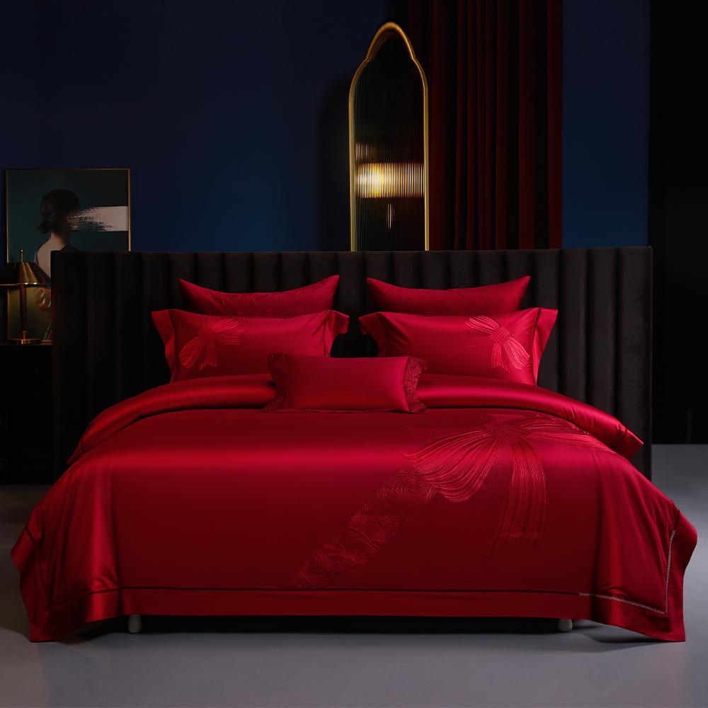 悠仙居家纺200S全棉大红婚庆四件套刺绣镂空结婚喜被婚房床上用品