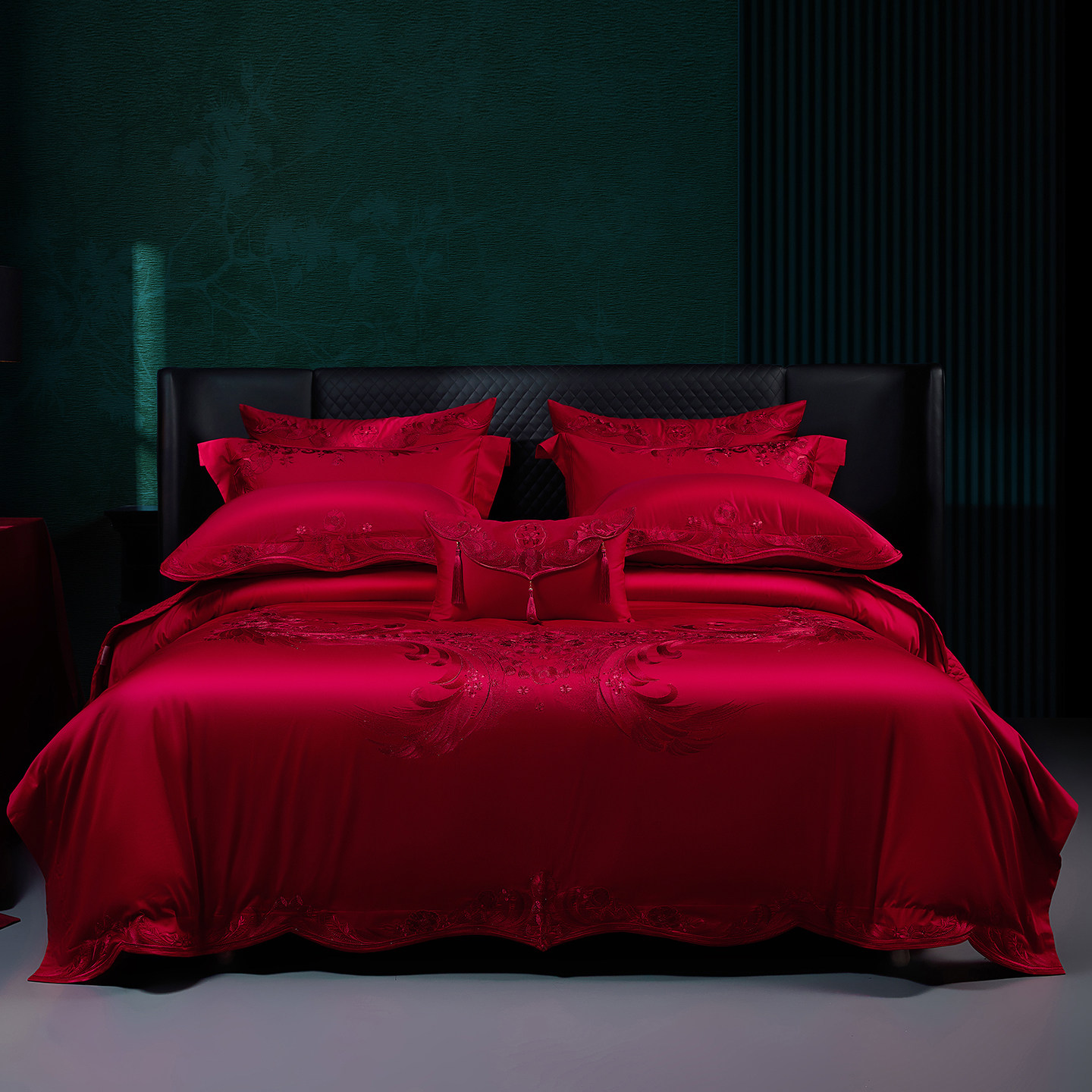 悠仙居高端婚嫁四件套女方结婚陪嫁大红色刺绣全棉纯棉喜被十件套