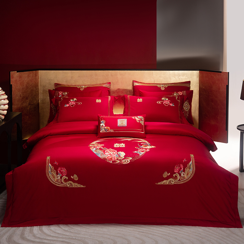纯棉婚庆四件套大红结婚床单被套