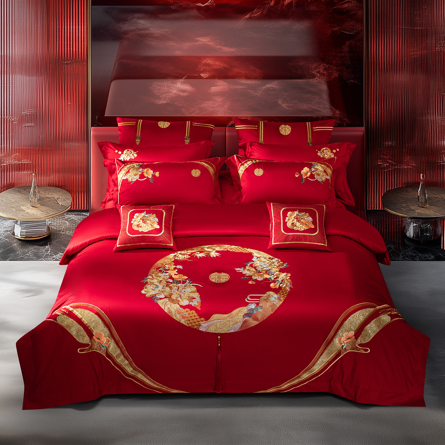 结婚四件套大红色纯棉刺绣花喜被